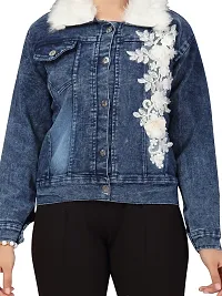 Stylish Fancy Self Pattern Floral Work Blue Color Denim Jacket For Girls-thumb4