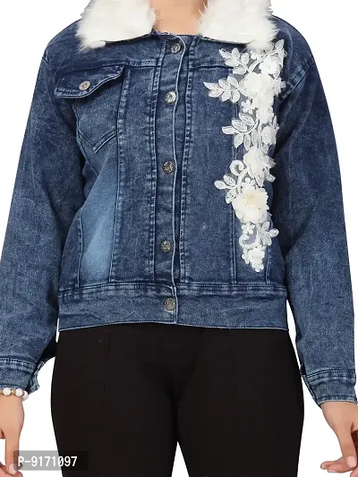 Stylish Fancy Self Pattern Floral Work Blue Color Denim Jacket For Girls-thumb5