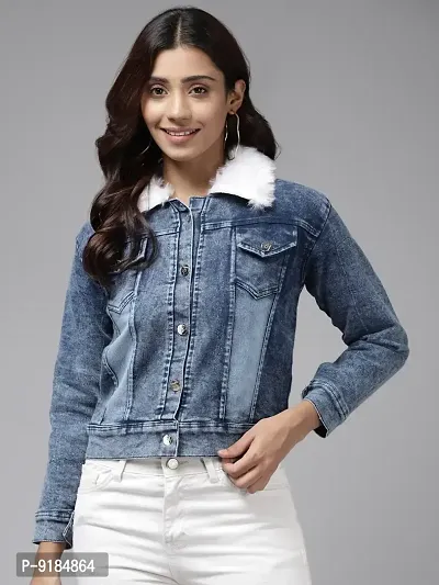 Stylish Fancy Solid Blue Color Denim Jacket For Women-thumb0
