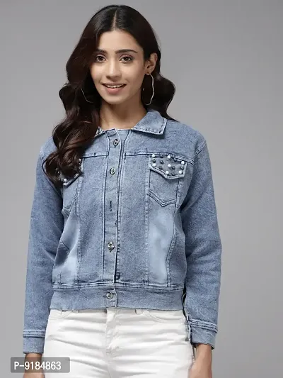 Stylish Fancy Solid Blue Color Denim Jacket For Women-thumb0