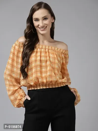 Stylish Fancy Georgette Checked Yellow Color Georgette Off Shoulder Top For Women-thumb0