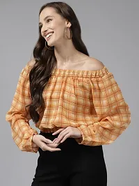 Stylish Fancy Georgette Checked Yellow Color Georgette Off Shoulder Top For Women-thumb2