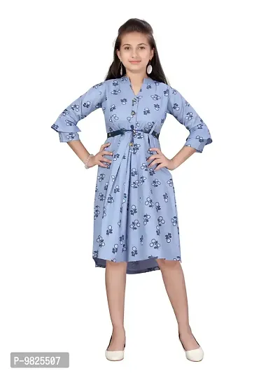 Fabulous Blue Cotton Printed A-Line Dress For Girls