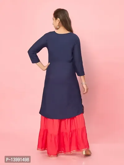 Aarika Girls Navy Blue-Gajri Colour Cotton Printed Kurti Skirt Set-thumb4