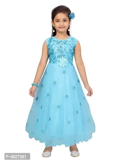 Fabulous Turquoise Net Embellished A-Line Dress For Girls