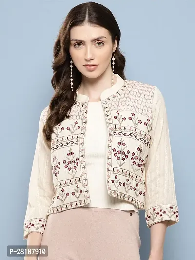 Aarika Womens Ethnic Wear Cream Colour Zari Thread Mirror Embroidery Cotton Ethnic Jacket-thumb0