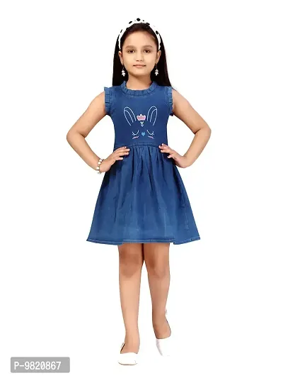 Fabulous Blue Denim Solid A-Line Dress For Girls-thumb0