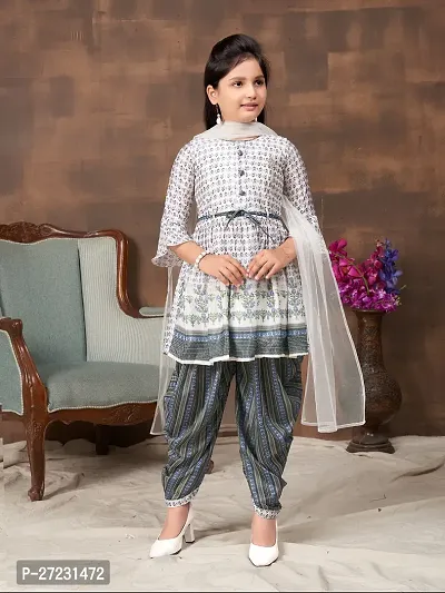Girls Ethnic Wear Grey Colour Floral Print Silk Kurti Patiala Set With Belt-thumb0