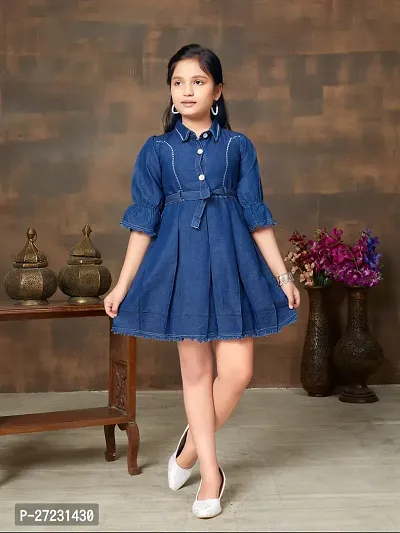 Girls Party Wear Navy Blue Colour Solid Denim Middi With Belt