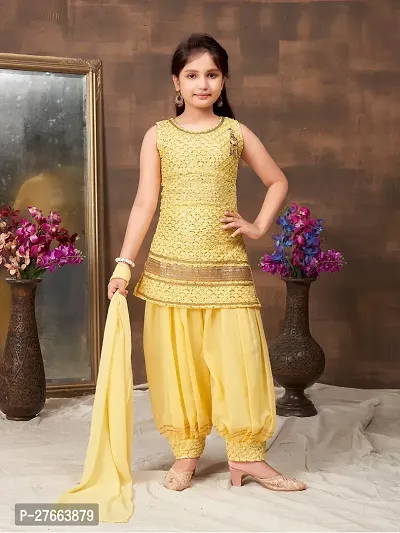 Aarika Girls Ethnic Wear Yellow Colour Sequin Embroidery Lace Work Georgette Kurti Patiala Set
