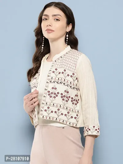 Aarika Womens Ethnic Wear Cream Colour Zari Thread Mirror Embroidery Cotton Ethnic Jacket-thumb5