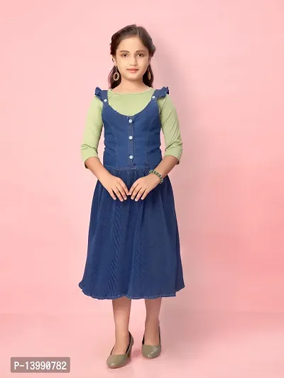 Aarika Girls Navy Blue-Green Color Cotton Blend Solid Dress