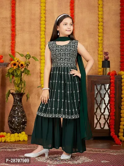 Ethnic Wear Dark Green Colour Thread Embroidery Georgette Kurti Sharara Set