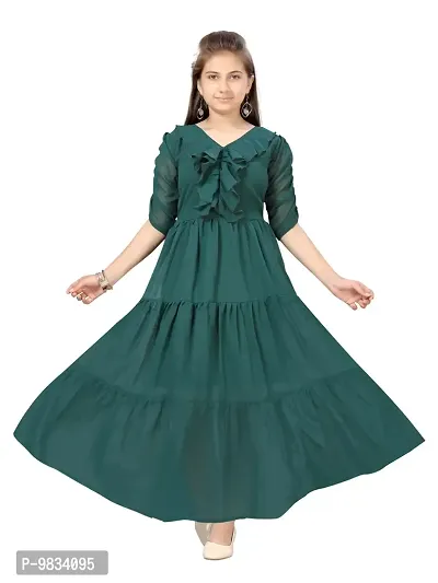 Fabulous Green Georgette Solid A-Line Dress For Girls-thumb0