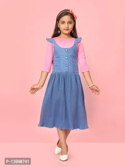Aarika Girls Blue-Pink Color Cotton Blend Solid Dress
