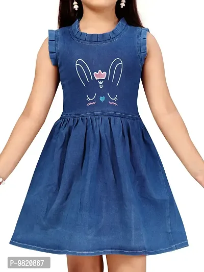 Fabulous Blue Denim Solid A-Line Dress For Girls-thumb5