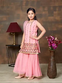 Girls Ethnic Wear Pink Colour Thread Embroidery With Lace Border Georgette Kurti Sharara Set-thumb2