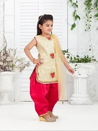Aarika Girls Ethnic Wear Beige Colour Thread Embroidery With Lace Work Silk Kurti Patiala Set-thumb1