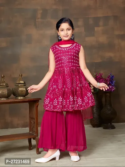 Girls Ethnic Wear Rani Colour Sequin Embroidery Georgette Kurti Sharara Set-thumb0