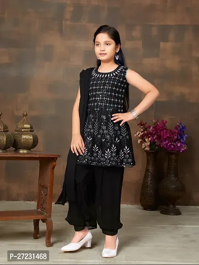 Girls Ethnic Wear Black Colour Sequin Thread Embroidery Georgette Kurti Patiala Set-thumb2