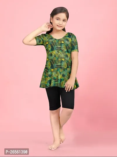 Aarika Girls Sports Wear Green Colour Leaf Print Nylon Swim Suit-thumb0