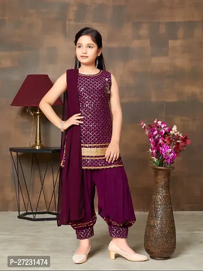 Girls Ethnic Wear Purple Colour Sequin Embroidery Lace Work Georgette Kurti Patiala Set-thumb0