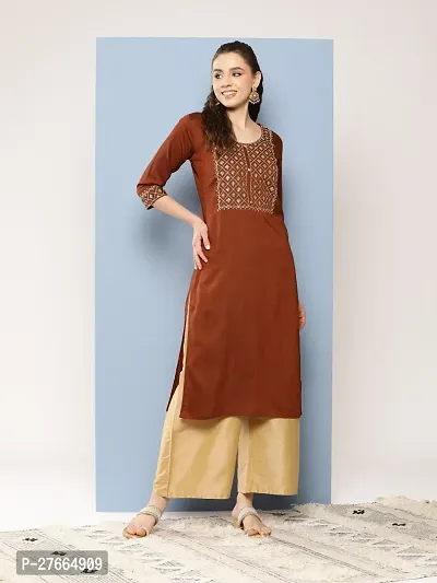 Aarika Womens Party Wear Brown Colour Thread Embroidery Gota Lace Work Cotton Kurti-thumb0