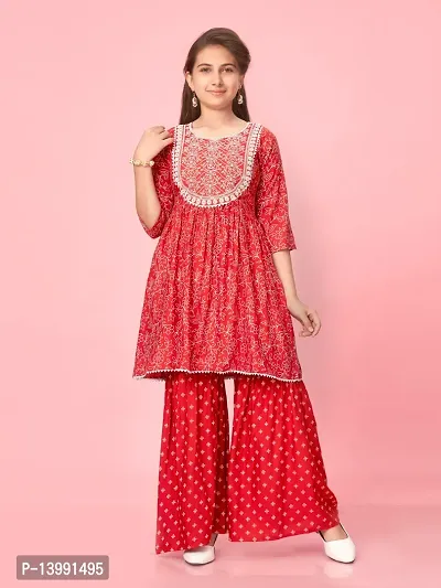 Aarika Girls Orange Colour Cotton Embroidery Kurti Sharara Set