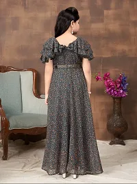 Girls Party Wear Dark Green Colour Floral Print Georgette Dress With Belt-thumb1