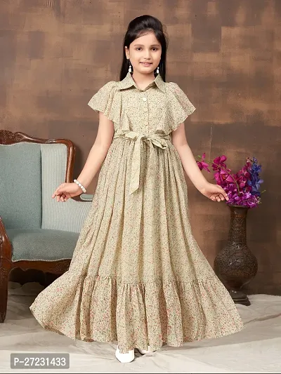 Girls Party Wear Green Colour Floral Print Georgette Dress With Belt-thumb0