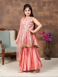 Girls Ethnic Wear Peach Colour Sequin Embroidery With Lace Border Silk Kurti Sharara Set-thumb2