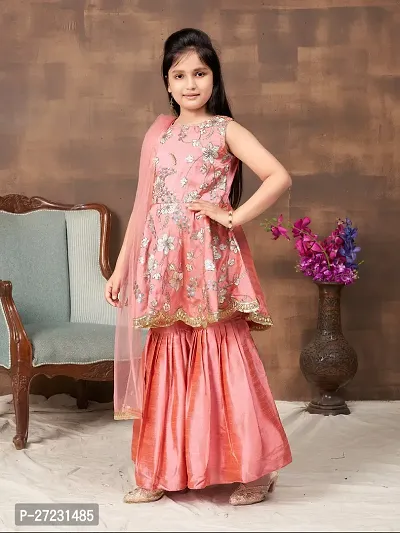 Girls Ethnic Wear Peach Colour Sequin Embroidery With Lace Border Silk Kurti Sharara Set-thumb3