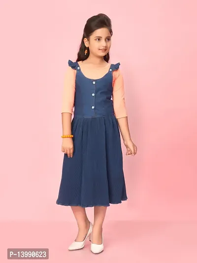 Aarika Girls Navy Blue-Peach Colour Cotton Blend Solid Dress