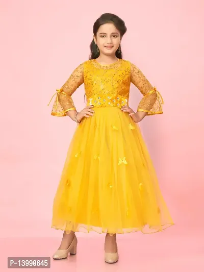 Aarika Girls Yellow Colour Nylon Self Design Gown-thumb0