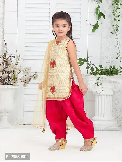 Aarika Girls Ethnic Wear Beige Colour Thread Embroidery With Lace Work Silk Kurti Patiala Set-thumb3