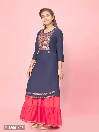 Aarika Girls Navy Blue-Gajri Colour Cotton Printed Kurti Skirt Set-thumb2