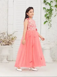 Girls Party Wear Coral Color Gliter Print Embellished Net Gown-thumb3