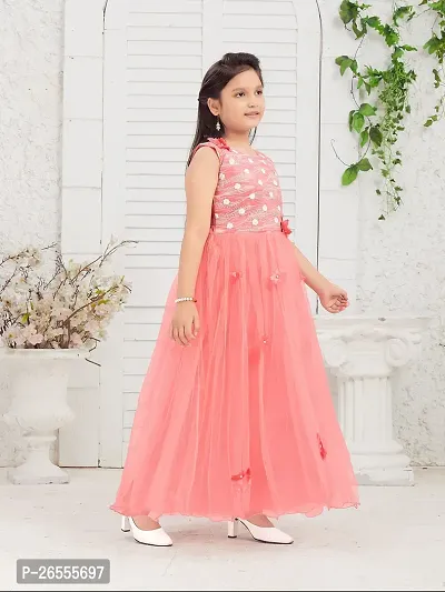 Girls Party Wear Coral Color Gliter Print Embellished Net Gown-thumb4