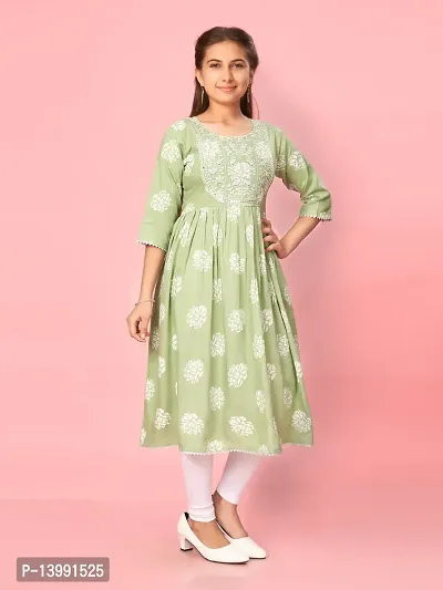 Aarika Girls Green Color Cotton Embroidery Kurti