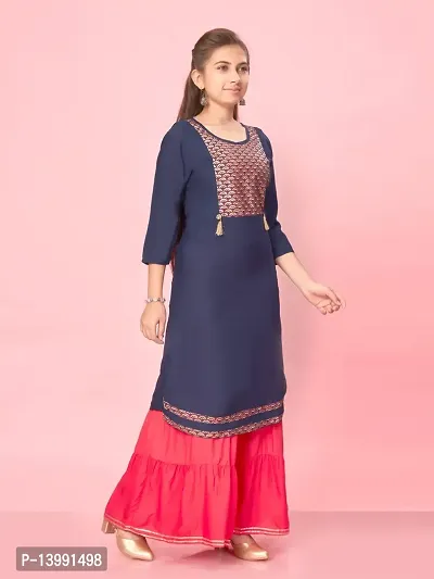 Aarika Girls Navy Blue-Gajri Colour Cotton Printed Kurti Skirt Set-thumb3