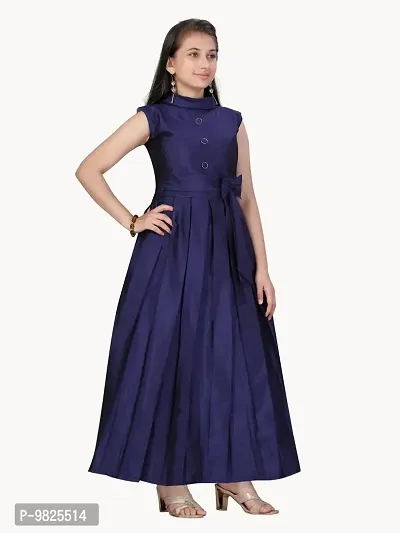 Fabulous Navy Blue Silk Solid A-Line Dress For Girls-thumb2