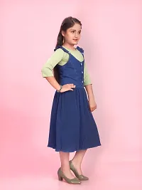 Aarika Girls Navy Blue-Green Color Cotton Blend Solid Dress-thumb1