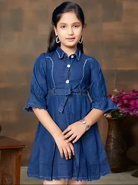 Girls Party Wear Navy Blue Colour Solid Denim Middi With Belt-thumb1