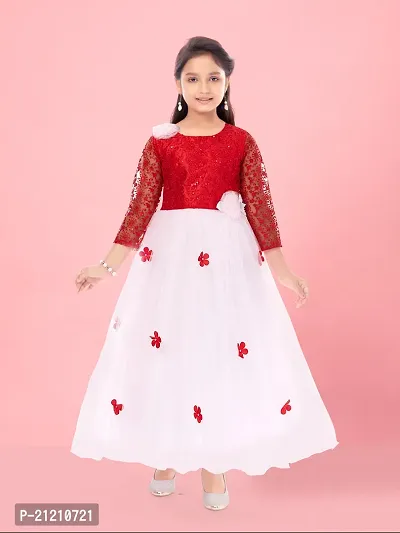 Aarika Girls Red-Pink Colour Net Embroidery Gown