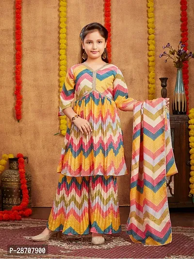 Ethnic Wear Yellow Colour Bandhani Print With Lace Work Silk Kurti Sharara Set