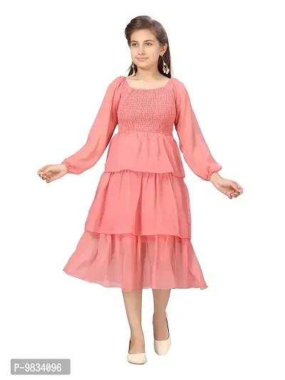 Fabulous Peach Georgette Solid A-Line Dress For Girls