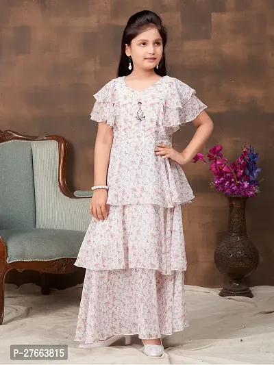 Aarika Girls Party Wear White Colour Floral Print Georgette Girls Dress-thumb0