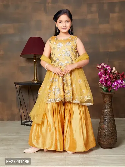 Girls Ethnic Wear Mustard Colour Sequin Embroidery With Lace Border Silk Kurti Sharara Set-thumb0