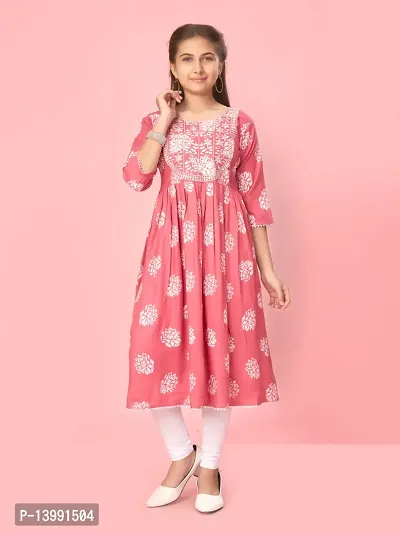 Aarika Girls Pink Color Cotton Embroidery Kurti-thumb0