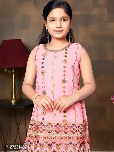 Girls Ethnic Wear Pink Colour Thread Embroidery With Lace Border Georgette Kurti Sharara Set-thumb2